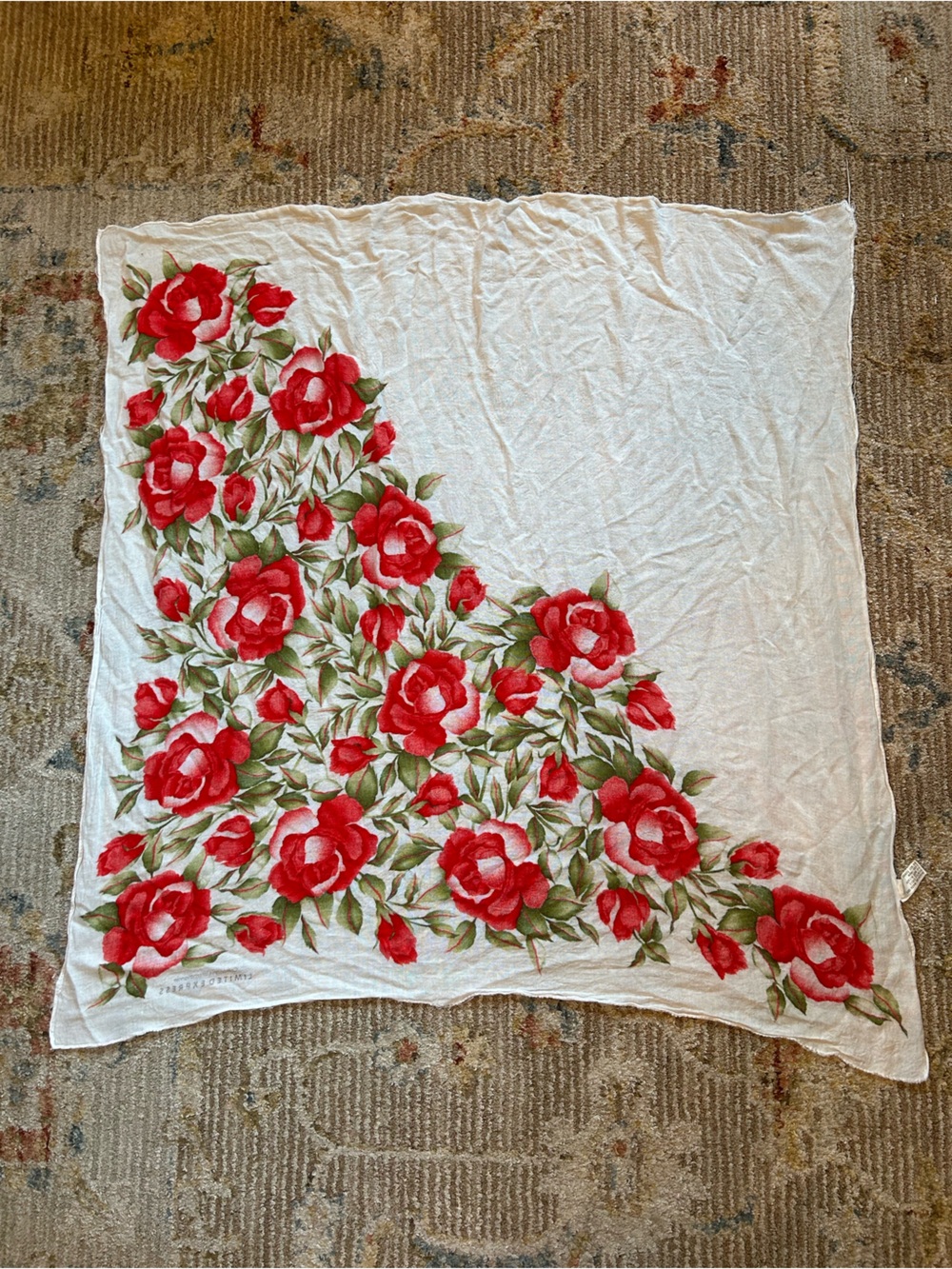 Vintage Limited Express White Square Scarf with Red Rose and Green Leaf Print